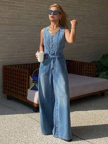 Women's V-Neck Strap Washed Denim Jumpsuit, Casual City Style Y2k - Medium Wash - View 3