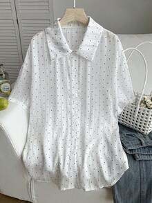 Comfortcana Große Größen Polka Dot Transparente Kurzarm Bluse - Schwarz und Weiss - Übersicht 5