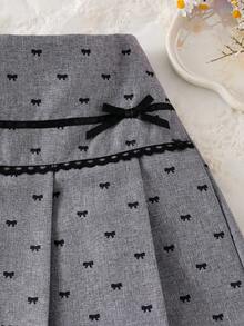 Young Girl Gray Bow Pleated Ruffle Hem Skirt, Elegant And Fashionable For Spring/Summer - Grey - View 8