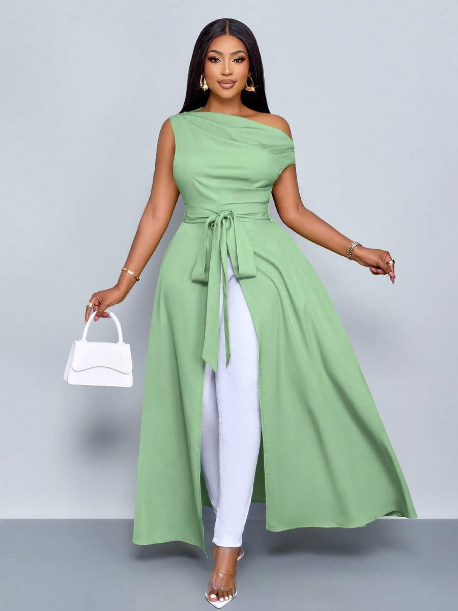 SOLERSUN 女士加大码不对称领口开衩大腿系带单肩衬衫 - 薄荷綠 - 查看 1