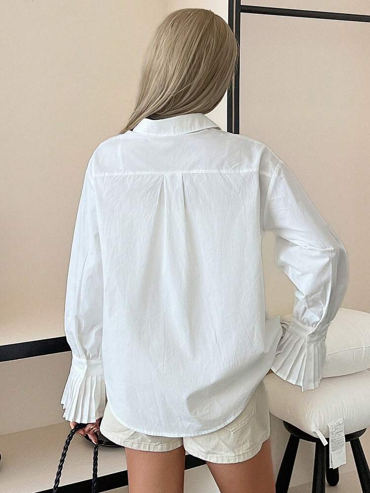 Women's Elegant Solid Color Pleated Flare Sleeve Blouse, Spring/Summer