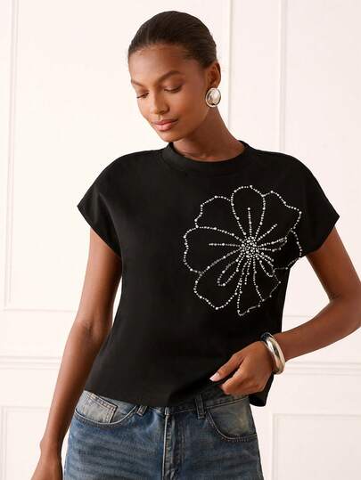 Lilora Áo thun cotton nữ thanh lịch đính đá lấp lánh