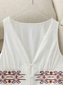 Franclia Summer Fresh White V-Neck Sleeveless Slip Dress, Embroidery Waist Pleated Loose Maxi Dress, Casual Vacation Beach Commute Date Versatile Linen Blend Dress - White - View 5