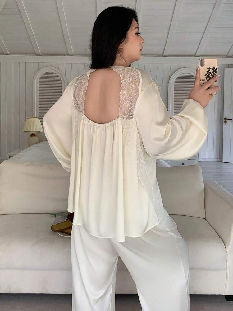 Dazy Plus Plus Size Women Lace Patchwork Crew Neck Long Sleeve Top And Wide Leg Pants Casual Loungewear Set
