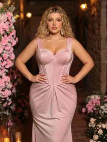 Glamrae Mono elegante y romántico de punto elástico rosa loto de talla grande con diseño de busto fruncido, bajo de sirena con tren desmontable, adecuado para fiesta de noche, cita, baile de graduación, boda, Día de San Valentín - Rosa vieja - Ver 9