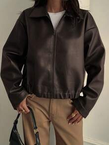 DAZY Women's Loose Casual Faux Leather Jacket, Regular Fit, Autumn/Winter - Black - View 6