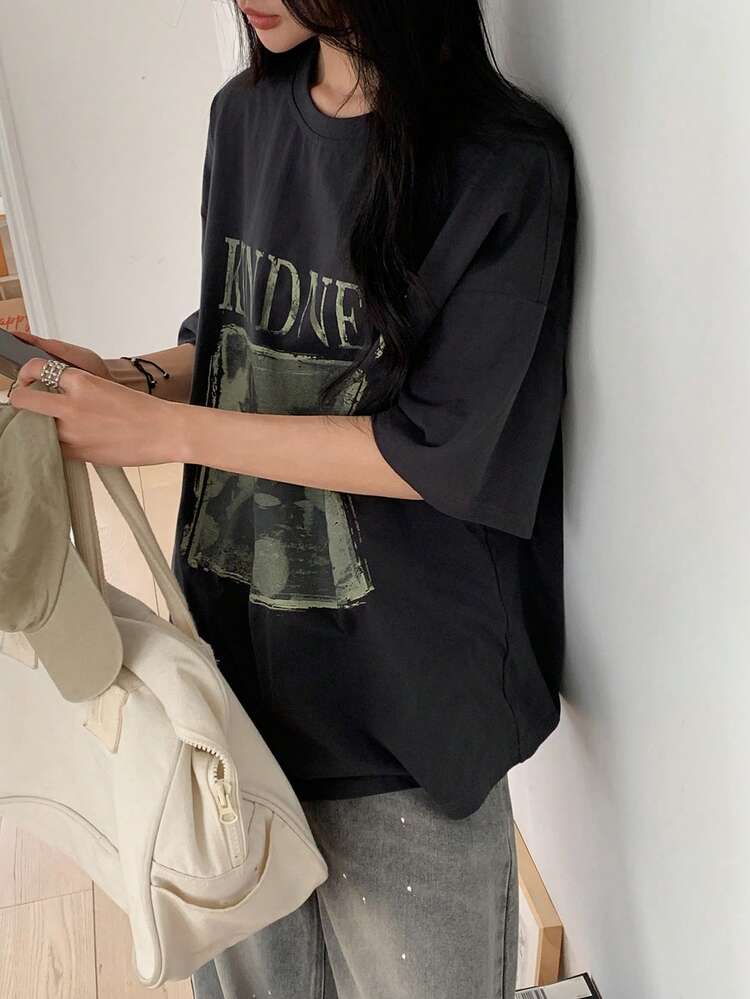Women's Round Neck Korean Style Short Sleeve T-Shirt Oversized