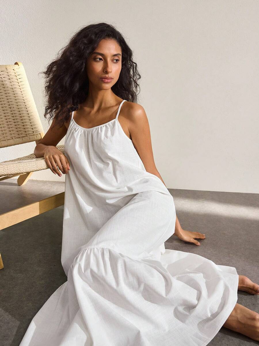 Ocili Women's Solid Color Spaghetti Strap Long Nightgown - White - View 1