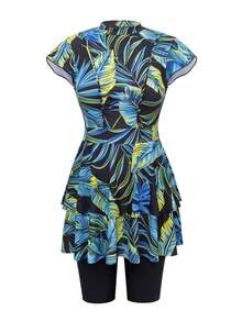 Swim Mulvari Women's New Arrival Green Printed 2-Piece Swimwear, Round Neck Ruffle Sleeve Crop Top And High-Waisted Ruffle Hem Shorts, Fashionable Beach Party Holiday Swimwear Set - Multicolor - View 6