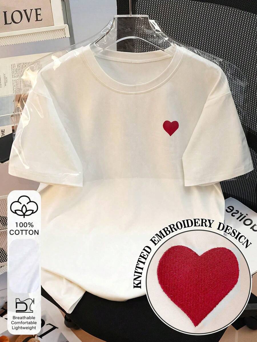 Resyla 女士圆领爱心印花休闲百搭日常短袖T恤 - 白色 - 查看 1