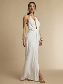Silquee 女士纯色深V领系带露背优雅简约长连衣裙，夏季 - 白色 - 查看 5