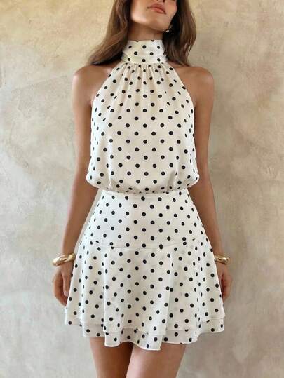 SHEIN SXY Women's Polka Dot Halter Mini Dress For Dates & Parties