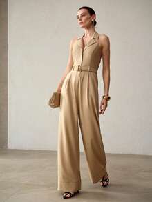 MOTF PREMIUM Bộ jumpsuit dài hở lưng cổ yếm bằng vải lanh thời trang - Màu Khaki - Xem 5