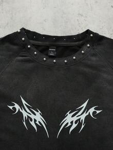 ROMWE MEN 男士铆钉水洗宽松T恤 - 黑色 - 查看 6