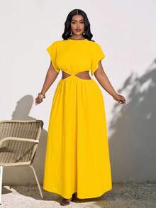 Veslaya 2026 Spring/Summer Plus Size Women's Music Festival, Easter, Western, Nomadic, Birthday Party, Graduation, College, Student, Daily Casual, Basic, Leisure, Vacation, Cruise Travel, Beach, Sunbathing, Trending, Streetwear, Wedding Guest, Commute, Brunch, Airport, Party, Holiday Outing, Elegant Gala, Ball, Casual, High-End Elegant Yellow Crinkle Cutout Waist Round Neck Short Sleeve A-Line Dress, Women Plus Size Dress - Yellow - View 8