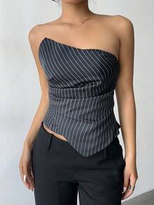 Aloruh 女士秋冬新款通勤日常外出收腰紧身不对称褶皱条纹深灰色上衣 - 深灰色 - 查看 8