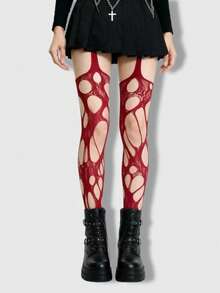 ROMWE Goth Medias negras de red sexy y rasgadas para mujer - Burdeos - Ver 3