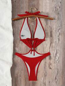 Swim SXY 女士新款纯色露背深V领性感丁字连体泳衣 - 紅色 - 查看 5