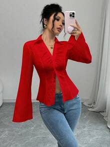 Selianne Áo sơ mi nữ kiểu Pháp cổ chữ V màu trắng, thắt eo, áo cổ bẻ mùa thu, kiểu dáng thường ngày cho nữ, thích hợp mặc mùa xuân thu. - Đỏ - Xem 3