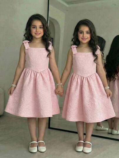 1pc Girls' Fashionable & Sweet Textured Jacquard Dress, New Summer Style