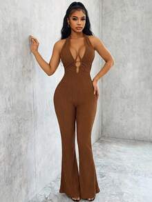 Eryvara Women's Round Ring Connected Halter Jumpsuit, Knitted Crinkle Fabric - Coffee Brown - View 5