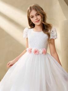 优雅花童连衣裙，适合毕业典礼、婚礼、舞会等场合，白色网纱缎面腰部饰有花朵图案，圆领泡泡袖蓬蓬裙摆，时尚蓬蓬裙公主裙，返校季必备 - 白色 - 查看 5