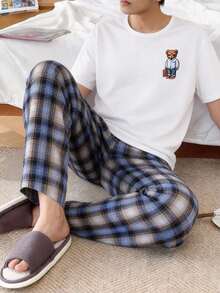 Men's Casual Bear Print Plaid Short Sleeve Top And Elastic Waist Pants 2 Pieces Loungewear Set, Spring/Summer - Multicolor - View 6