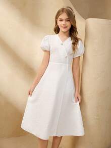 Tween Girl Jacquard V-Neck Short Petal Sleeve Button Design Dress - White - View 4
