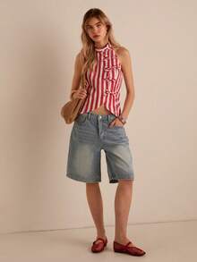 Easelle Red And White Striped,Summer,Elegant,Vacation Red Striped Woven Blouse With Bow Tie, Backless Halter Neck Blouse For Women Y2k Country Concert Festival - Red - View 3