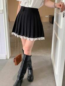 DAZY Women's Elegant Contrast Lace Pleated A-Line Skirt, Suitable For Office Commute In Summer - Black - View 2