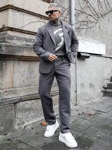 Artur Kramer 男士纯色常规肩长袖商务休闲西装套装男灰色西装 - 深灰色 - 查看 1