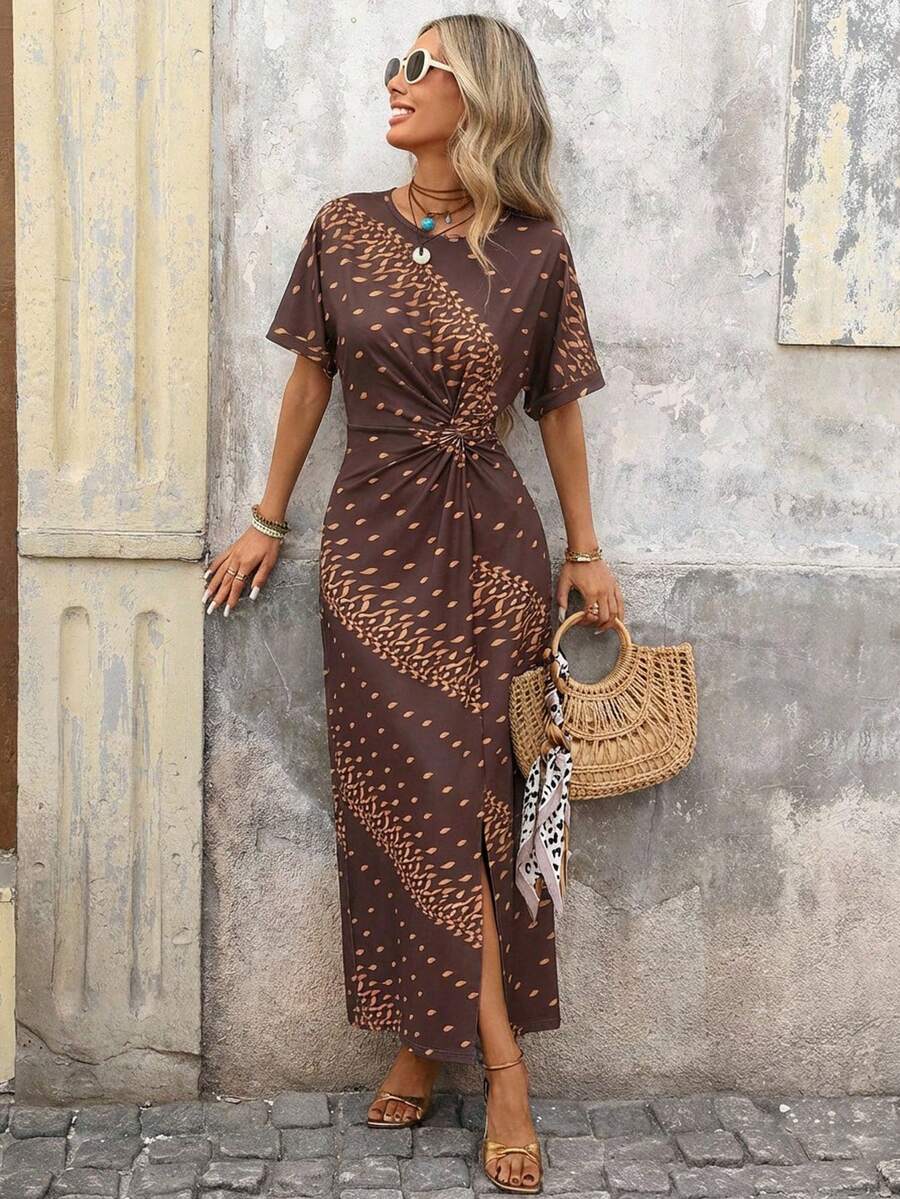 Brillora Đầm midi ngắn tay, cổ tròn, thắt nút, họa tiết in toàn thân, dành cho nữ, phong cách thường ngày. - màu nâu - Xem 1