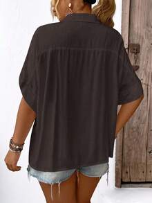 Elenzga Plus Size Solid Color Turndown Collar Button Front Casual Short Sleeve Shirt - Coffee Brown - View 2