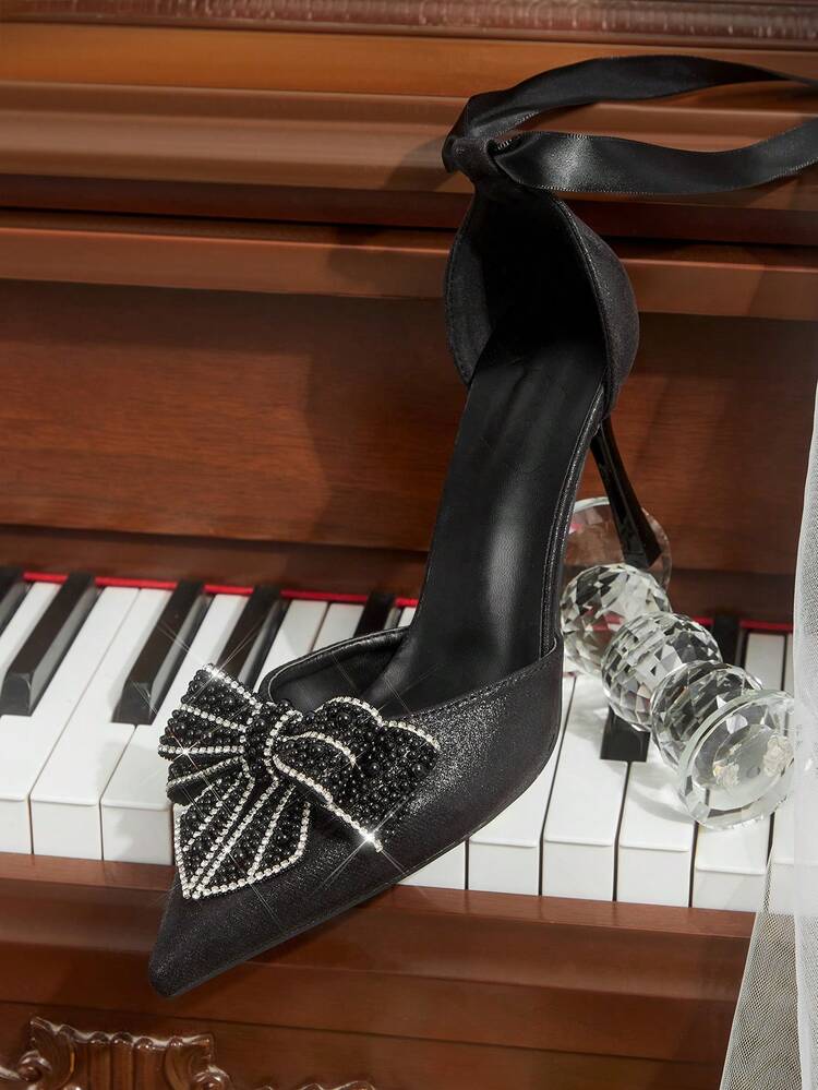 CUCCOO HITCHD Women Stylish Elegant Commuter Rhinestones Pearl Bows Decorated Pointed Pumps - Black - View 7