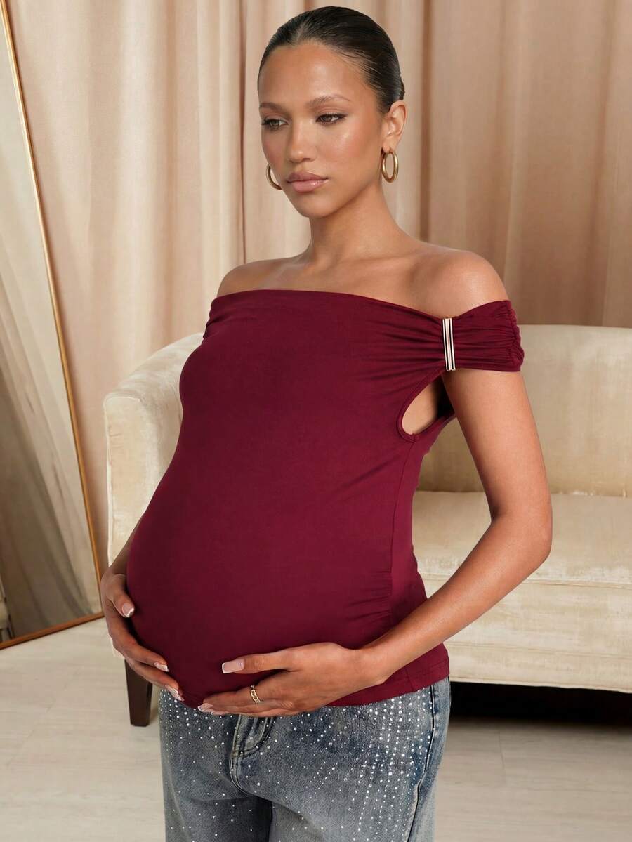 MaterniChic 孕妇纯色露肩褶皱时尚百搭日常T恤 - 紅色 - 查看 1