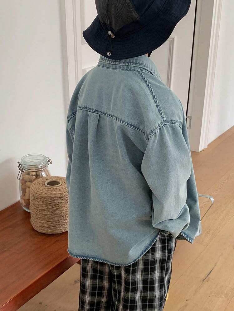 Tween Boys' Fashionable Drop Shoulder Long Sleeve Button-Up Denim Shirt Spring