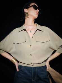 Lumivelle Women's Elegant Commuter Textured Mid-Sleeve Shirt, Summer - Khaki - View 7