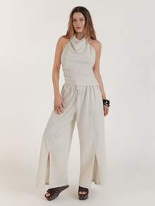 Áo quây cổ đổ bằng vải lanh dành cho nữ - Màu be - Xem 4