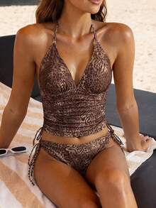 Swim Vcay Traje de baño sexy con escote en V profundo, espalda descubierta y tirantes, con Bottom con lazos y estampado de leopardo aleatorio, adecuado para la playa, vacaciones, uso casual, festivales, estilo bohemio, primavera/verano - Multicolor - Ver 3