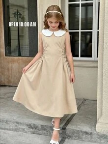 SHEIN Tween Girl Fashionable & Elegant Khaki Dress With White Peter Pan Collar Sleeveless Cinched Waist A-Line Midi Dress Tween Girls Casual Chic Commuter Elegant Khaki Dress - Khaki - View 7