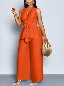 SOLERSUN 大码女式纯色打结腰身无袖衬衫和裤子休闲两件套 - 珊瑚橙 - 查看 6