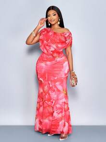 SOLERSUN Damen Mode Große Größen Off-Shoulder Frühling und Sommer Elegantes, sexy Lässig Urlaubs Langes Kleid Ärmellos Brust Patchwork Raffung Schlankheitseffekt Taille Tasche Hüfte Saum Kleid - Rot - Übersicht 7