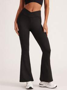 Easithlete 女式 V 形交叉腰带瑜伽紧身裤，女式喇叭腿，高腰喇叭裤，阔腿瑜伽裤，弹力工作裤，适合健身、运动、跑步、骑行、瑜伽、泡菜球运动、休闲 - 黑色 - 查看 2