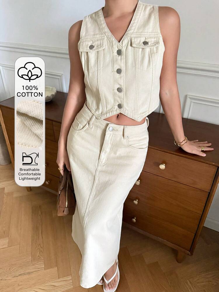 Women's Casual Solid Color Washed Faux Pocket Vest And Denim Skirt 2-Piece Set, Spring/Summer,Wedding Guest Dress Women