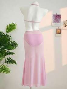 SHEIN Tween Girl Vacation 3pcs Blue Starfish Metal Button Bikini 3 Pieces Set, Beach Holiday Light Pink Two Piece Set Two Piece Bathing Suit Girls Two Piece Bathing Suit Girls Light Pink Mermaid Tail Skirt Long Skirt 2 Piece Set Pink Skirt Set - Pink - View 7