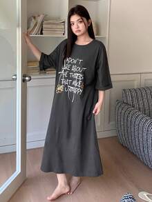 Dazy Plus 休闲字母印花圆领直筒宽松短袖睡裙，春夏女童睡衣 - 深灰色 - 查看 6