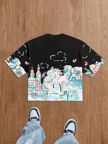 Manfinity Joysei Men's Casual Town Print Loose Short T-Shirt - Black - View 2