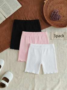 Conjunto de 3 calças curtas infantis femininas, estilo Y2K, básicas e casuais, em malha canelada, nas cores preto, rosa e branco, modelagem slim, elásticas e macias. Perfeitas para férias de verão, praia e primavera. - Multicolorido - Ver 8