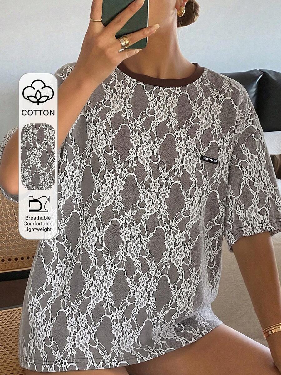 DAZY 女士花卉蕾丝圆领宽松休闲T恤 - 棕色 - 查看 1