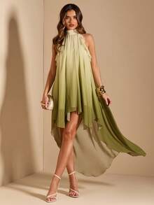 SHEIN BAE Đầm công chúa thanh lịch, sang trọng, cổ cao, xếp ly, vạt bất đối xứng màu xanh nhuộm tie-dye dành cho nữ mùa xuân/hè, đầm ngắn thời trang, đầm duyên dáng. - màu xanh lá - Xem 1